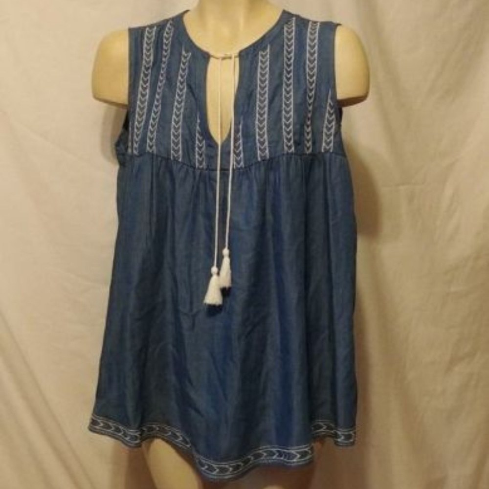 Blue White Tunic Ladies Embroidery Tie Tassel